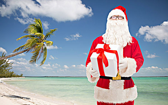 圣诞节,休假,旅行,人,概念,男人,服饰,圣诞老人,礼盒,上方,热带沙滩,背景