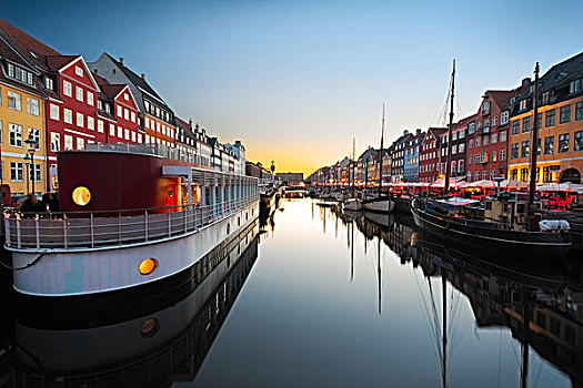 船,新港,日落,哥本哈根,丹麦