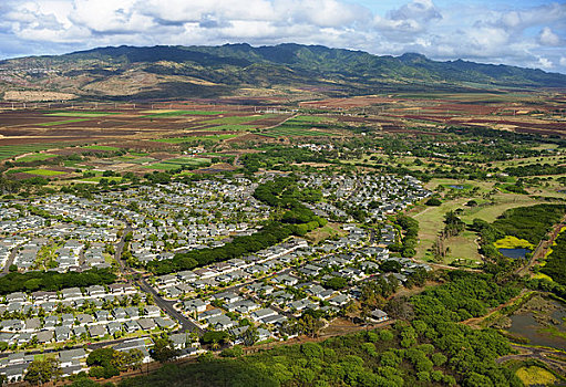 夏威夷,瓦胡岛,俯视,区域,新,住宅开发,农田,山脉