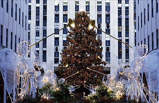 圣诞树,天使,装饰,洛克菲勒中心,纽约,美国