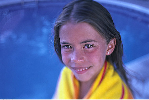 女孩,肖像,毛巾,靠近,游泳池