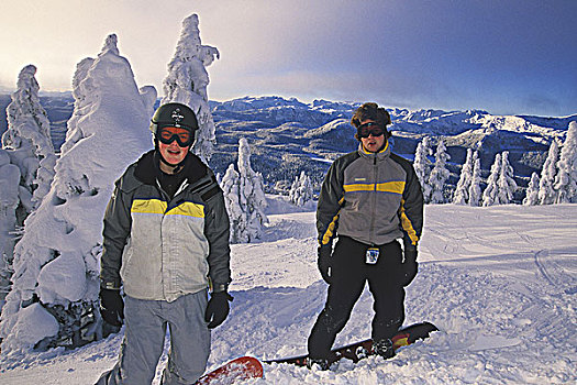 山,华盛顿,滑雪胜地,两个,青少年,滑雪板玩家,公园,温哥华岛,不列颠哥伦比亚省,加拿大