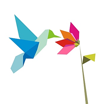 折纸,花,蜂鸟,白色背景