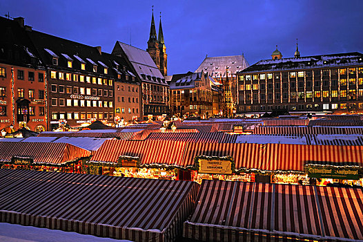 光亮,纽伦堡,圣诞市场,市政厅,漂亮,喷泉,教堂,后面,中间,弗兰克尼亚,巴伐利亚,德国,欧洲