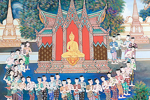 插画,墙壁,建造,佛教寺庙,曼谷,泰国,一月,2007年