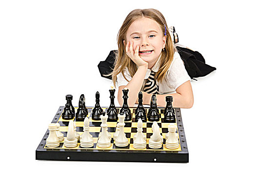 可爱,女孩,玩,下棋,白色背景