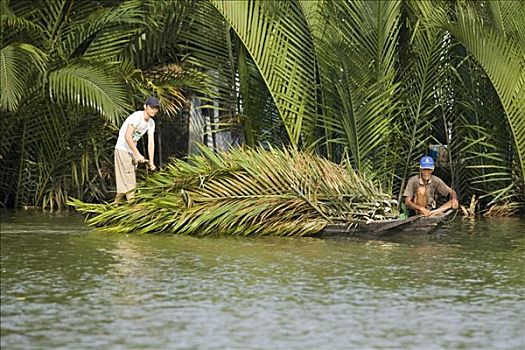 两个男人,船,湄公河,越南,亚洲