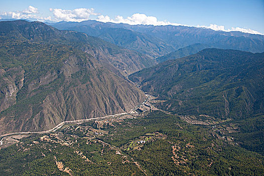俯拍,山,不丹,山谷,地区