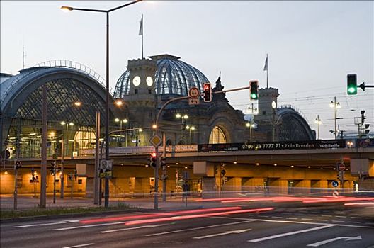 火车站,黄昏,德累斯顿,萨克森,德国