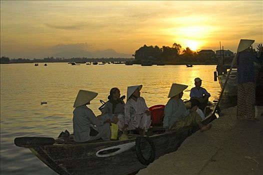 日落,渡船,河,惠安,越南