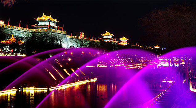 陕西西安城墙音乐喷泉