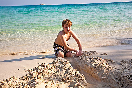 男孩,海滩,沙子,建筑