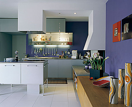设计师,厨房操作台,油烟机,正面,室内,餐具柜,蓝色,墙