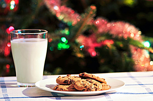 盘子,饼干,牛奶杯,靠近,圣诞树