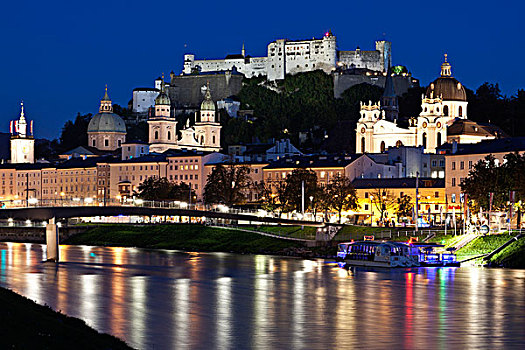 城市风光,夜晚,萨尔察赫河,河,教堂,萨尔茨堡,霍亨萨尔斯堡城堡,奥地利
