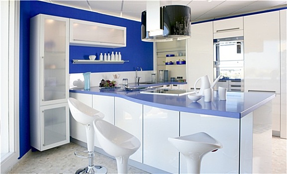蓝色,白色,厨房,现代,室内设计,房子