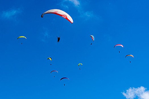 许多,滑翔伞运动者,飞,空中,上方,波卡拉,费瓦湖,桑冉库特,地区,尼泊尔,亚洲