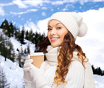 寒假,度假,人,高兴,喝,概念,女人,帽子,外卖,茶,咖啡杯