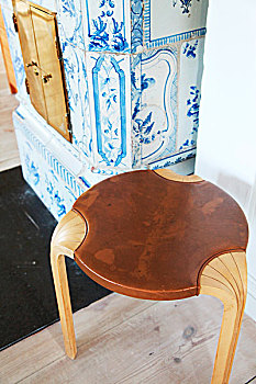 斯堪的纳维亚,凳子,皮革,座椅,正面,老式,砖瓦,炉子,经典,蓝色,白色,图案