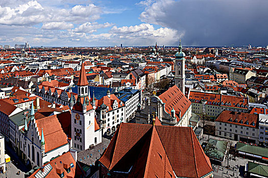 风景,上方,历史,中心,老市政厅,神圣,教堂,慕尼黑,上巴伐利亚,巴伐利亚,德国,欧洲