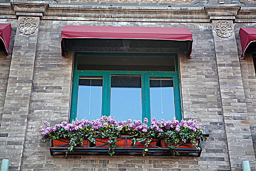 仰视放着鲜花的仿古建筑窗台