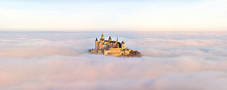城堡,晨光,薄雾,巴登符腾堡,德国,欧洲