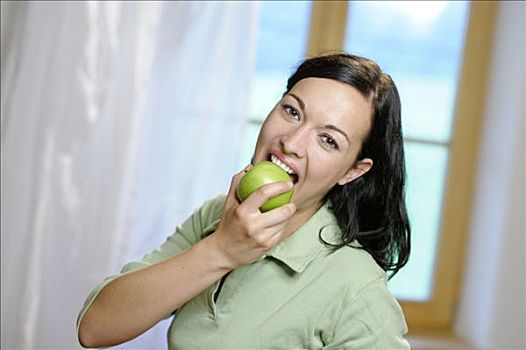 女人,大,咬,青苹果,健康饮食