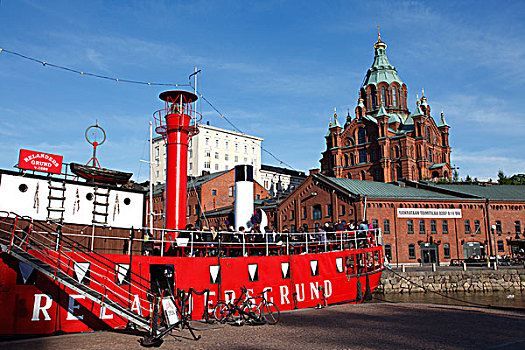 芬兰,赫尔辛基,北方,港口,红色,去掉外皮,船,餐馆,大教堂,背景