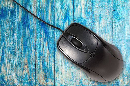 电脑鼠标,蓝色,木质背景