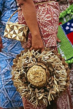 西萨摩亚,特写,握着,玻利尼西亚人,椰树,帽子