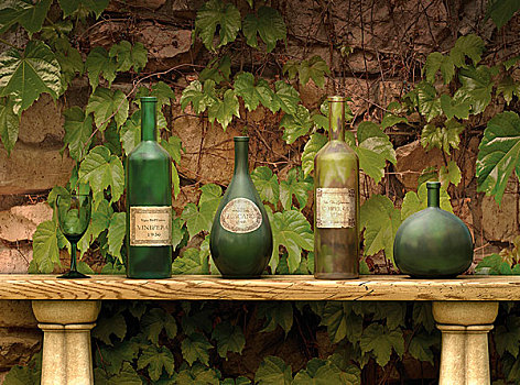 瓶子,墙壁,葡萄,叶子