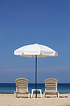 白色,伞,椅子,海滩