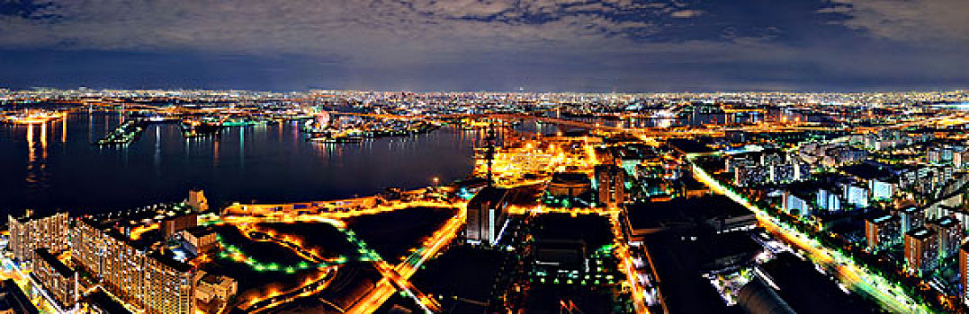 大阪,城市,海港,夜晚,屋顶,风景,日本