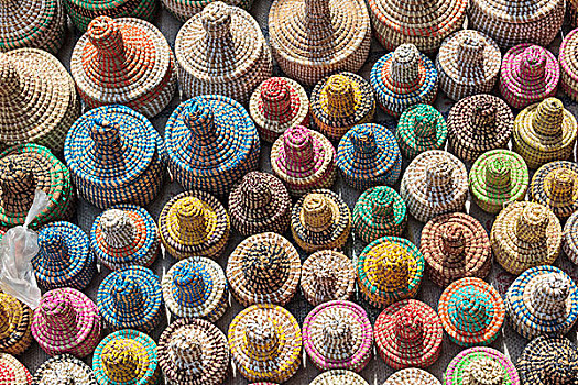 非洲,冈比亚,班珠尔,收集,彩色,编织物,篮子,俯视