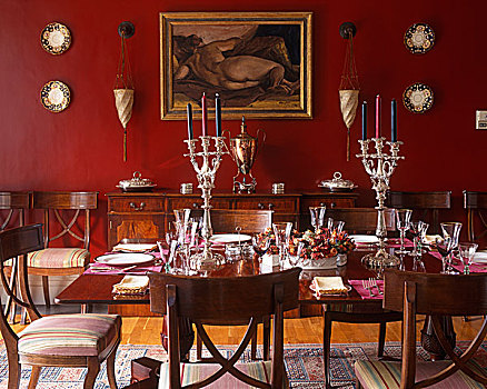 银,烛台,桌上,餐饭,传统风格,红色,餐厅