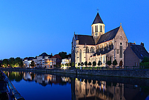 河,教堂,我们,女士,哥特式,夜景,佛兰德斯,比利时,欧洲