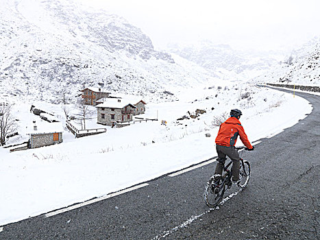 意大利,山,骑车,骑自行车,向上,雪,道路