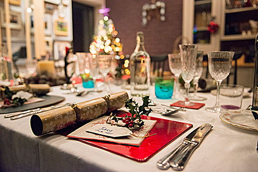 桌子,圣诞餐,银,晶莹,玻璃杯,圣诞树,背景