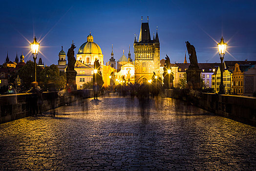 查理大桥,夜晚,布拉格,波希米亚,捷克共和国,欧洲