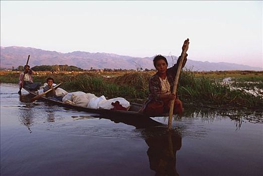 缅甸,茵莱湖,女人,操纵,满载,独木舟,死水