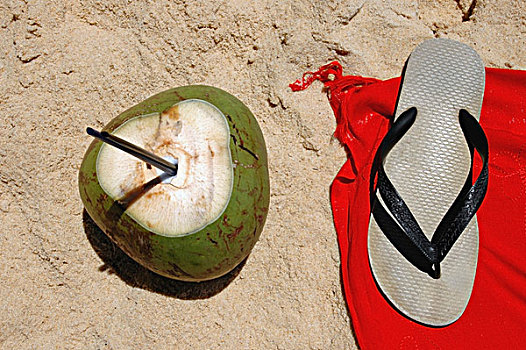 椰子,饮料,人字拖鞋,海滩,特写