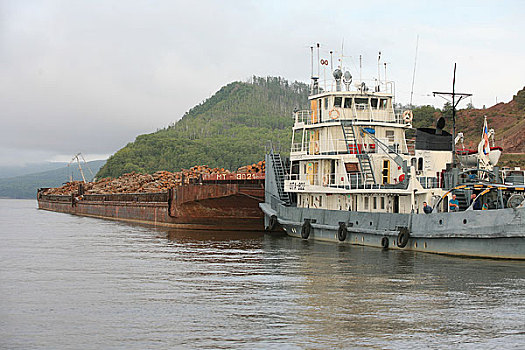 俄罗斯远东地区境内的黑龙江流域,船只上运载着大量的木材
