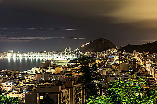 俯视图,科帕卡巴纳,夜晚,里约热内卢,巴西