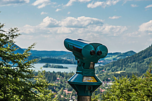 望远镜,湖,背影,巴伐利亚,阿尔卑斯山,上巴伐利亚,德国,欧洲