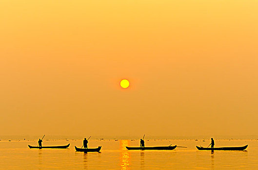 渔民,捕鱼,湖,日出,喀拉拉,南印度,印度,亚洲