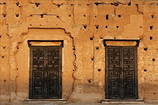 老,黏土,墙壁,两个,木质,门,玛拉喀什,摩洛哥,非洲