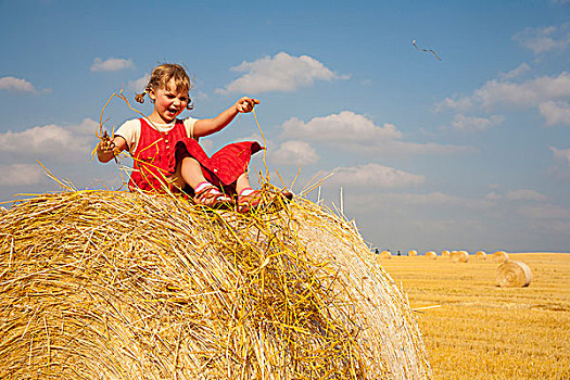 小女孩,坐,稻草包,多云,蓝天,收获,玉米田,德国,欧洲