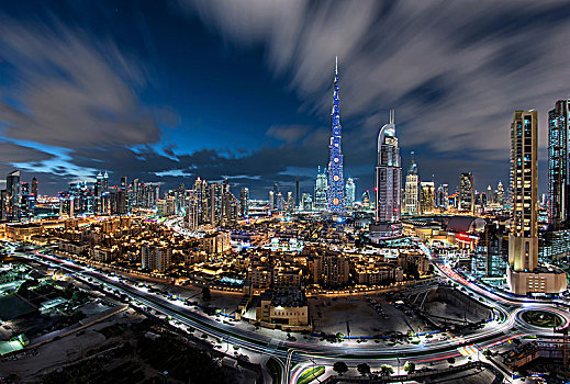 城市,迪拜,阿联酋,黄昏,光亮,哈利法,摩天大楼,中心