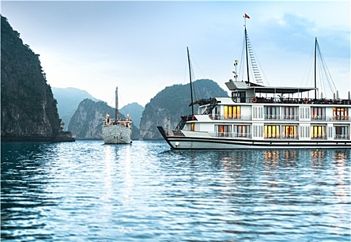 两个,船,漂亮,下龙湾,越南,亚洲