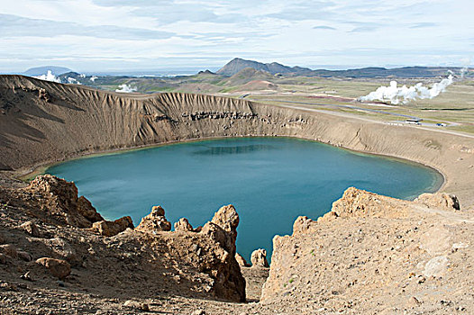 火山作用,火山口,圆,蓝湖,湖,火山湖,区域,米湖,冰岛,斯堪的纳维亚,北欧,欧洲